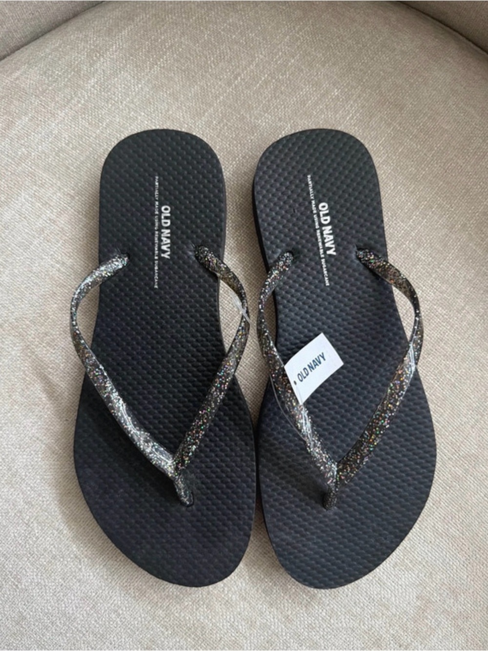 Old Navy Black Flip Flops with Multicolor Glitter Straps